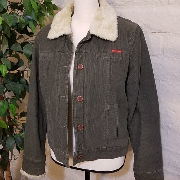 Vintage Roxy Corduroy Coat Juniors Medium Jacket Cotton Fur Green Button Down - Picture 2 of 7